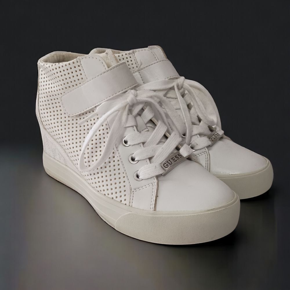 Guess Wedge High Top Sneaker 7.5 Womens Y2K White‎ Leather Streetwear Hip Hop